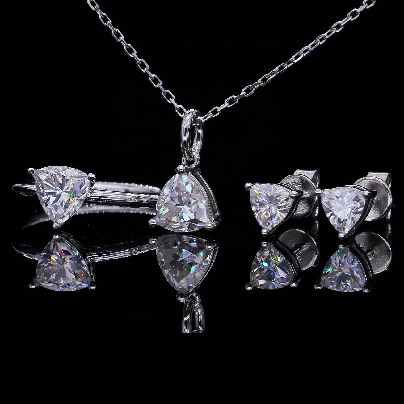 Abiding Jewelry Wholesale Trillion Shape Moissanite Diamond 925 Silver Gold Plated Jewelry Set
