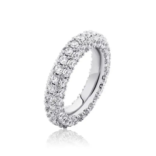 Trendy Women's 3 Row Brass Eternity Ring with 18k White Gold or Rose Gold Plating and Cubic Zirconia Band