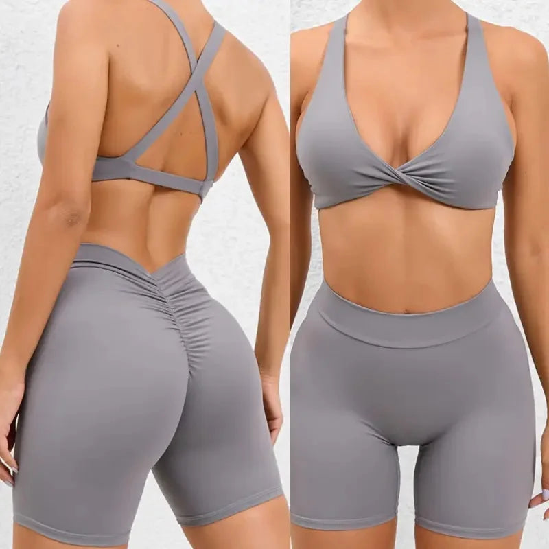 Backless Twist Sport Bra for Women Deep V Shape Back Scrunch Butt Tight Booty Lifting Ribbed Yoga Pants Leggings Shorts Yoga Set