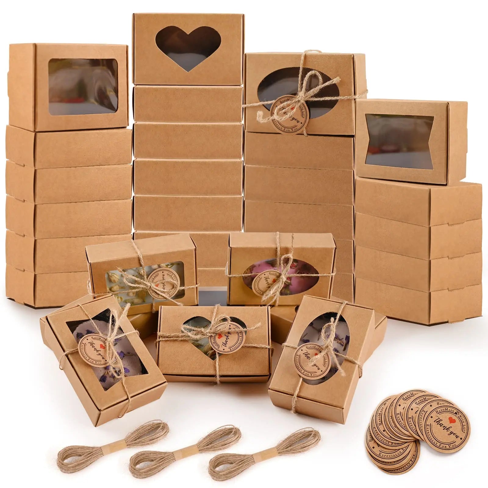 Custom Small Rectangle Kraft Paper Box Clear Window Jute Rope Wholesale Gift Box Packaging for Perfume Candle Christmas