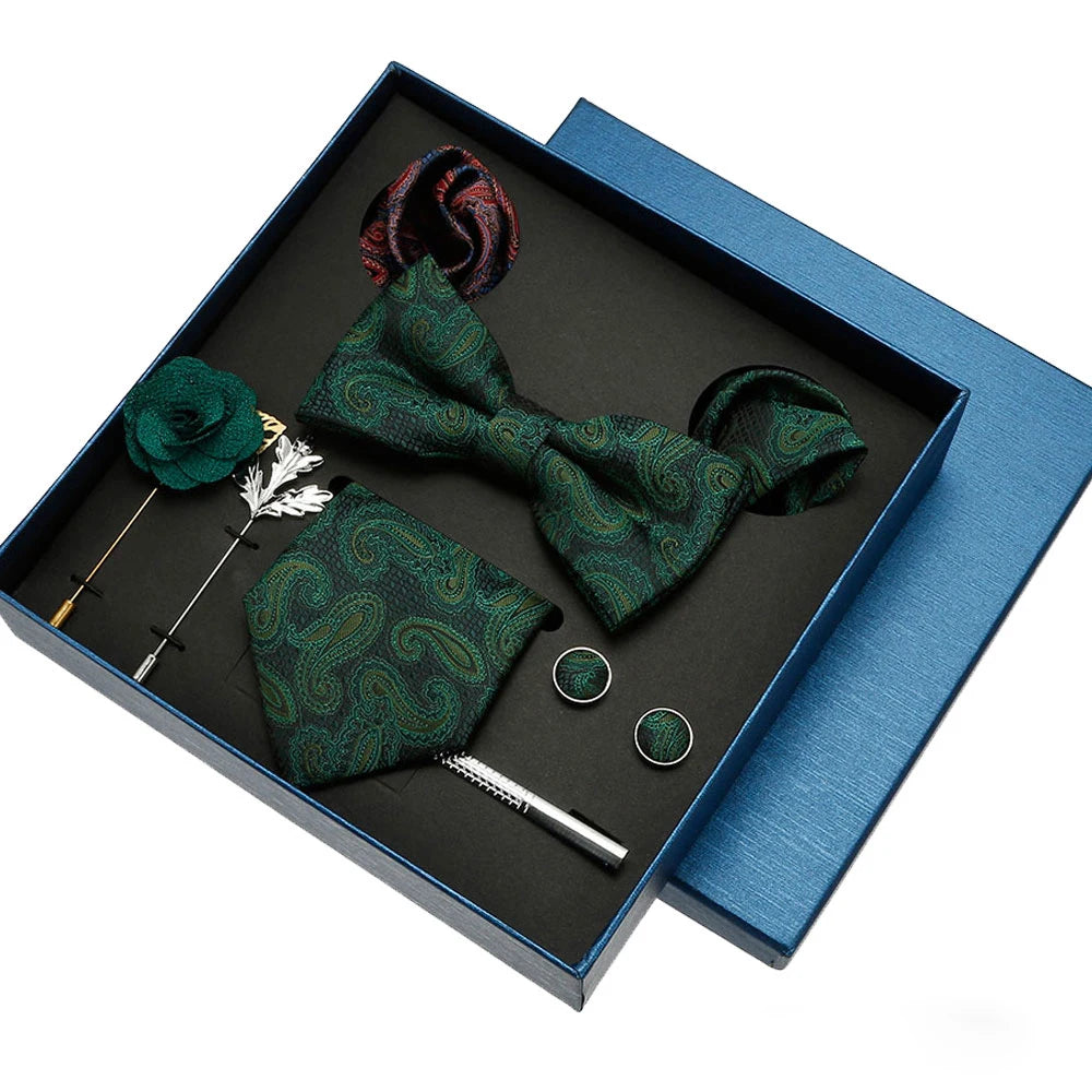 Luxury Men's Blue Green Paisley Necktie Logo 8cm Wide Wedding Tie Pocket Square Cufflinks Tie Clips Set Christmas Gifts