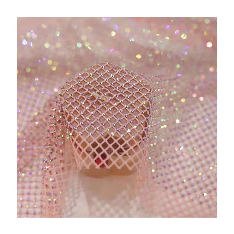 Customized Rhinestones Crystal Diamond Polyester Blingbling Transparent Factory Sale Fishnet Mesh Diamond Fabric for Dress