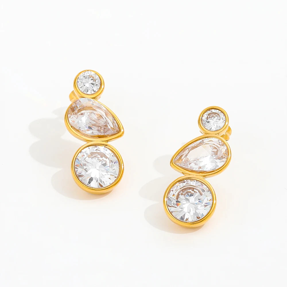JOOLIM High End 18K Gold Plated Round Teardrop 3 Zirconia Tassel Stud Earring Stainless Steel Earrings Gold Jewelry New