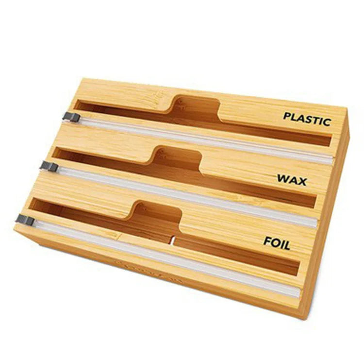 Hot Sale Modern Eco-Friendly Painted Bamboo Wall-Mounted Roll Organizer Holder Foil Wrap Dispenser 3 Cutters Multifunction