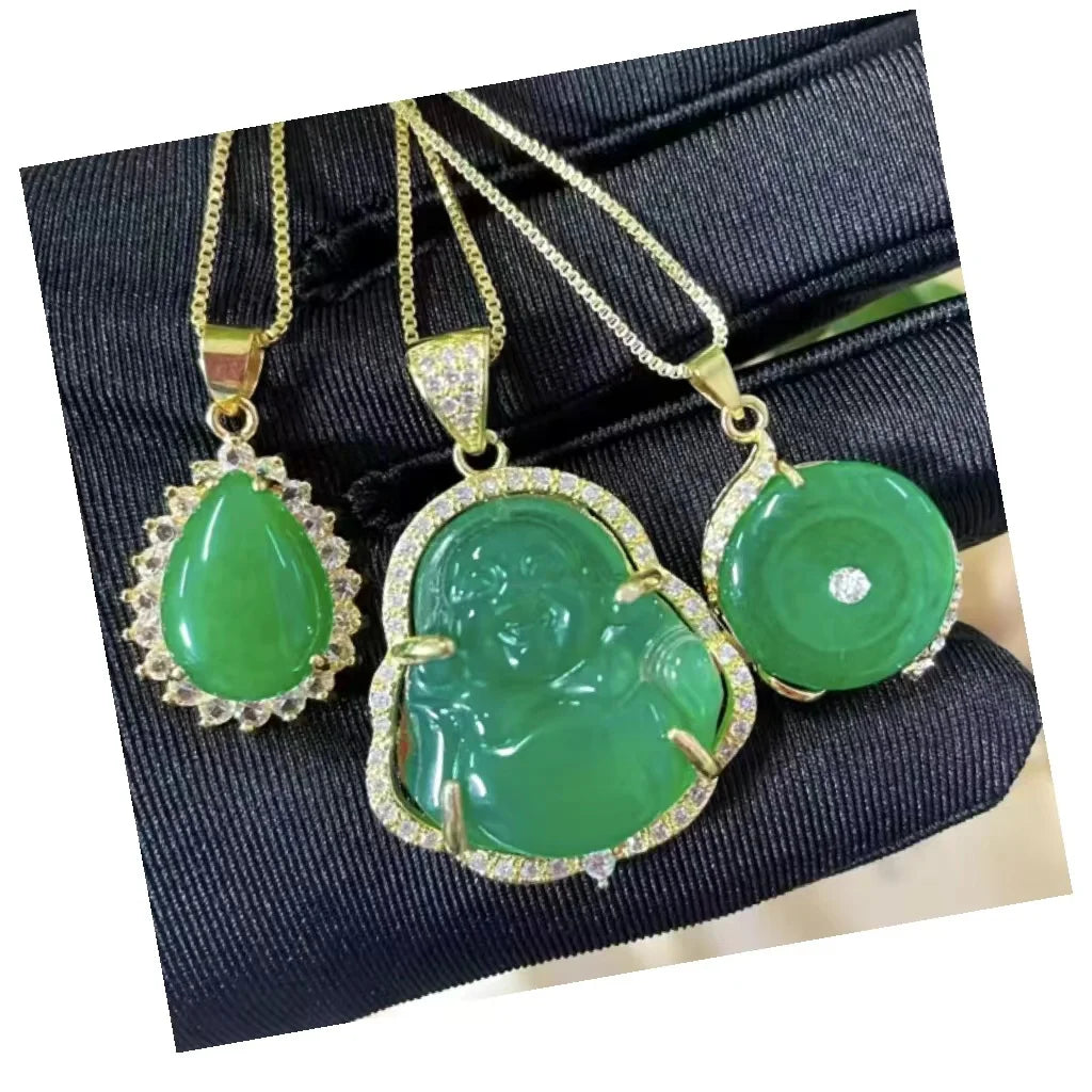 Natural Stone Green Jade Ethnic Style Big Belly Maitreya Buddha Jewelry Pendant Necklace