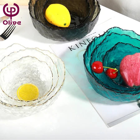 Japanese Net Red Dessert Bowl Creative Gold Rim Transparent Hammer Glacier Glass Bowl Household Simple Fruit Salad Bowl
