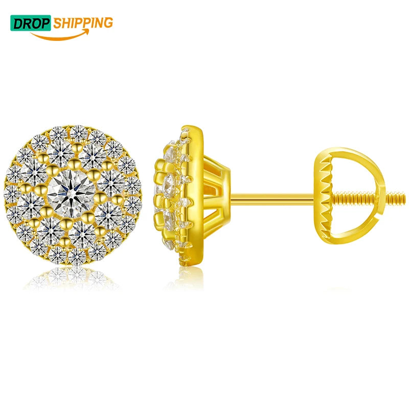 Drop Shipping From China 14k Gold Plated 925 Silver Gemstone Moissanite Round Mens Screw Back Sets Modern Plain Silver Earring