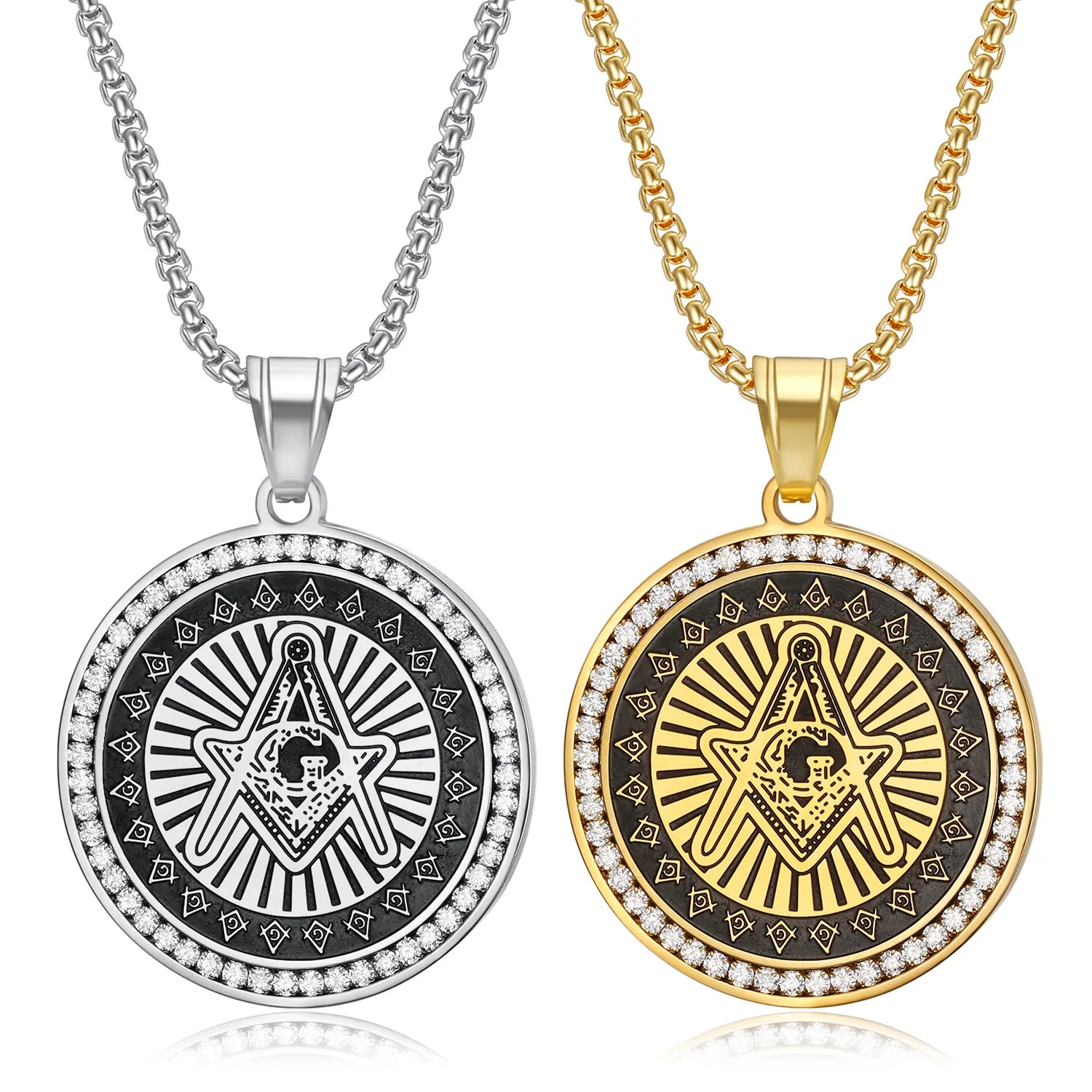 Stainless Steel 18K Gold Plated Freemason Pendant Necklace Fashion Unique Zircon Sweater Chain for Men Personalized Jewelry
