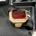 Big Red Stone Red Ruby Stone Prong Paved Gold Ring Iced Out 18k Gold Plated Big Size square Shape Ring for Man and Women