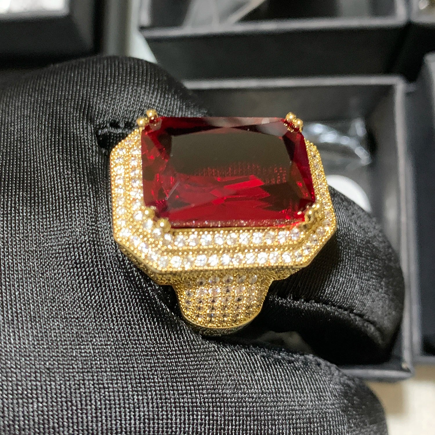 Big Red Stone Red Ruby Stone Prong Paved Gold Ring Iced Out 18k Gold Plated Big Size square Shape Ring for Man and Women