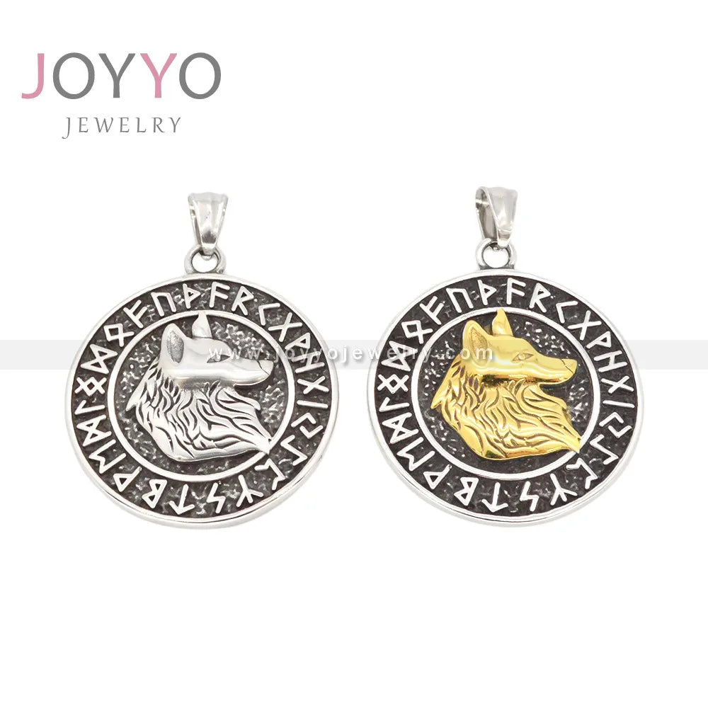Retro Silver &Gold Viking Necklace Stainless Steel Odin Rune Warrior Wolf Head Pendant Men's Jewelry