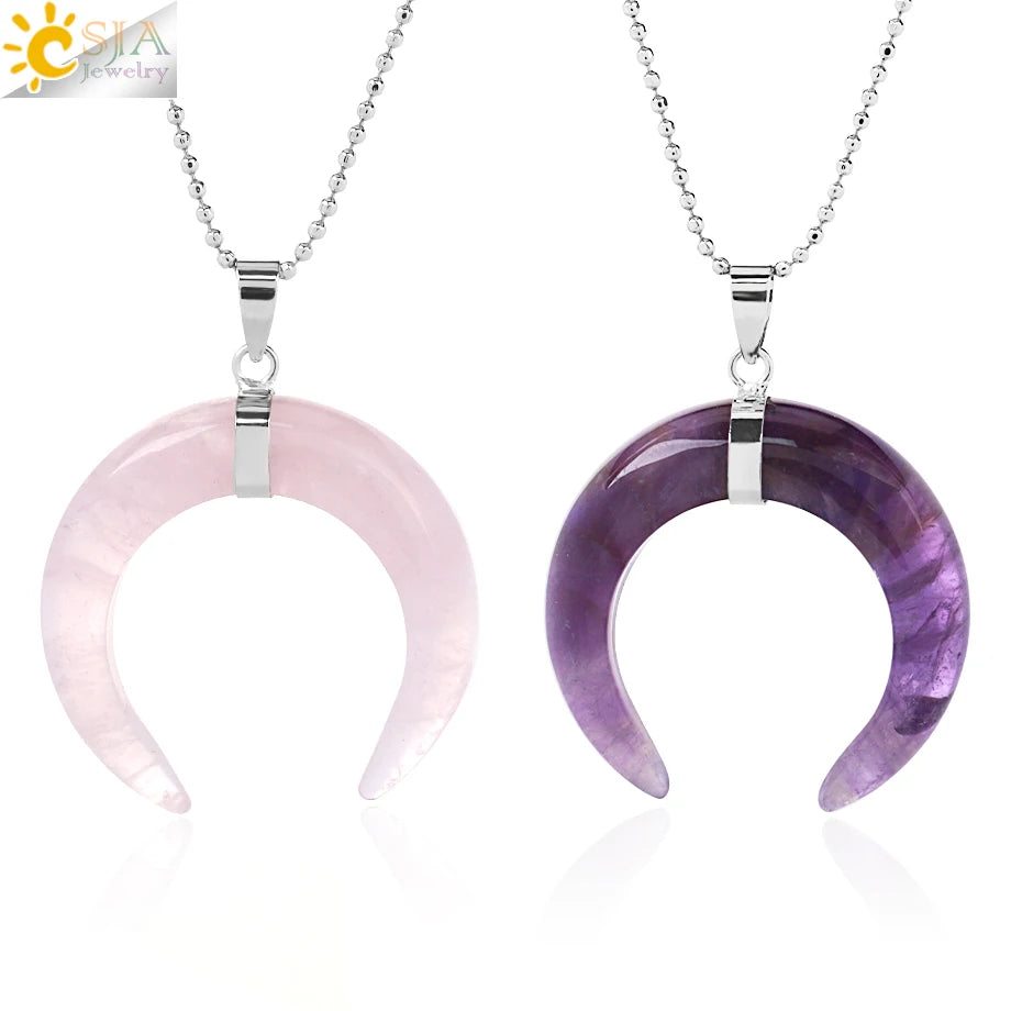 CSJA Hot Natural Stone Horn Crescent Moon Charm Pendant Healing Crystal Amethyst Necklace for Women G913