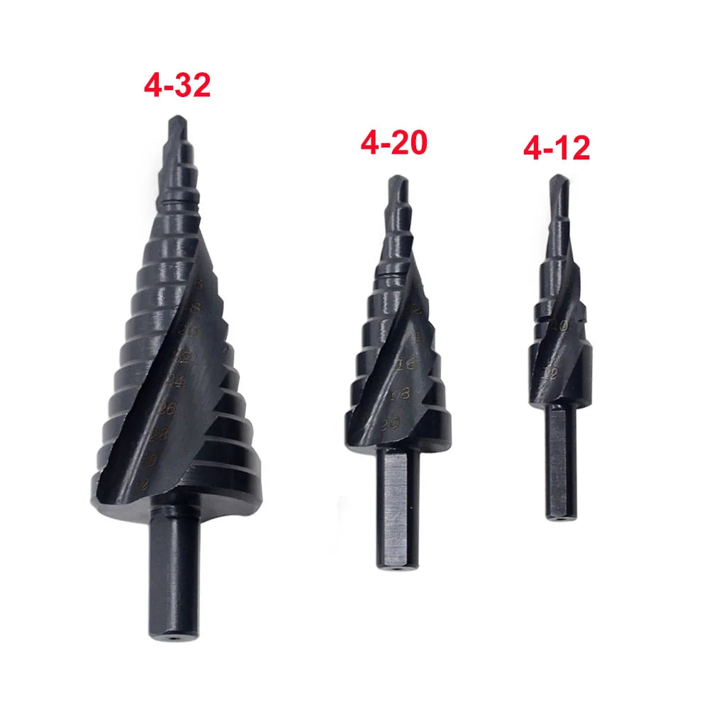 SDPSI3pcs/set 4-12 4-20 4-32 High Carbon Steel Core Step Drills Nitrogen Spiral Metal Cone Bit Set Triangle Shank Hole Cutter