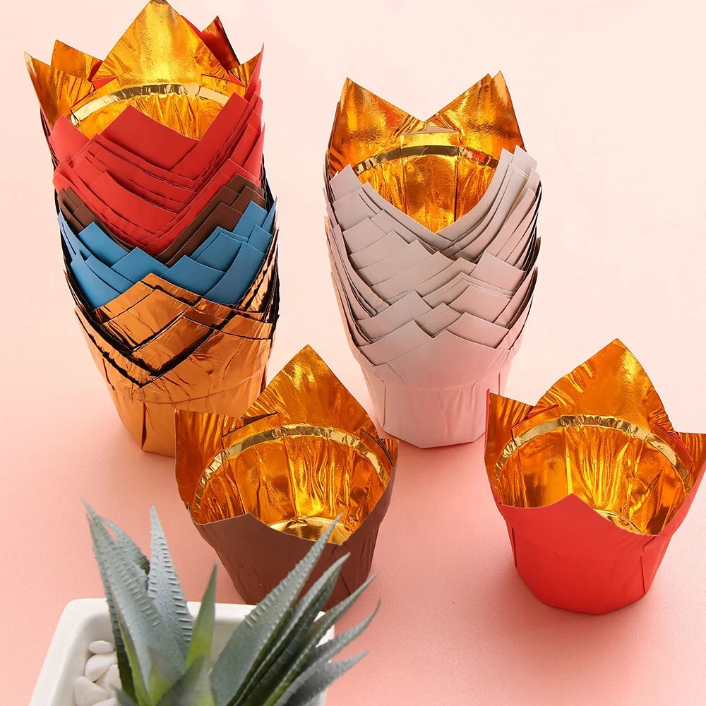 Cake Greaseproof Paper Tulip Paper Cup High Temperature Muffin Paper Thickened Gold and Silver Flame Cup