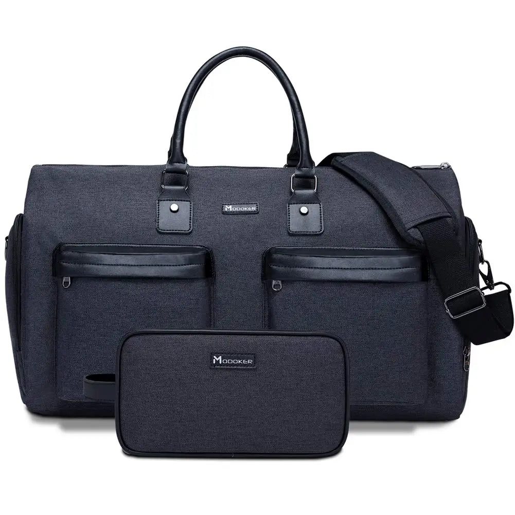 Personalized Medium Sized 45L Black Mens Weekend Business Suit Canvas and Leather Duffle Bag With Pockets