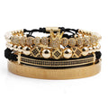4 Pcs Luxury Stainless Steel Roman Numeral Bangle Adjustable Macrame Braided Micro Pave CZ Imperial King Queen Crown Bracelet