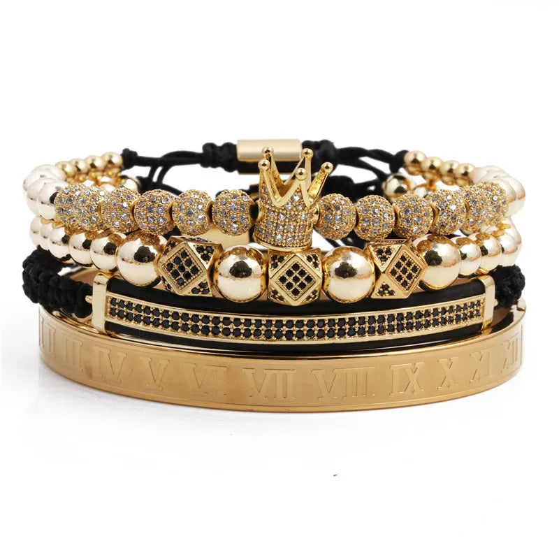 4 Pcs Luxury Stainless Steel Roman Numeral Bangle Adjustable Macrame Braided Micro Pave CZ Imperial King Queen Crown Bracelet