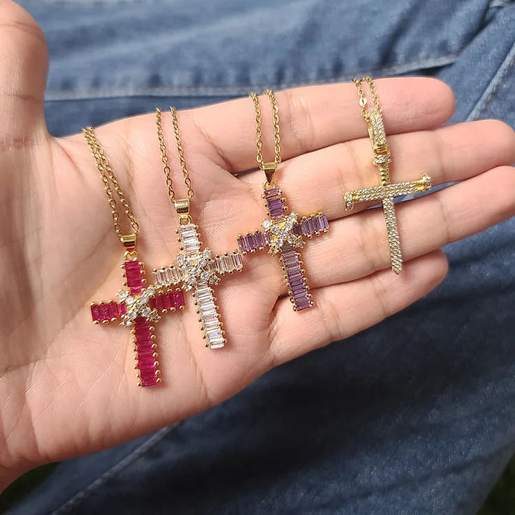 NZ1413 GOLD Plated CZ Jesus Cross Stainless Steel Chain Necklace Christian Jewelry Religious Rosary Necklace Gifts for Mom