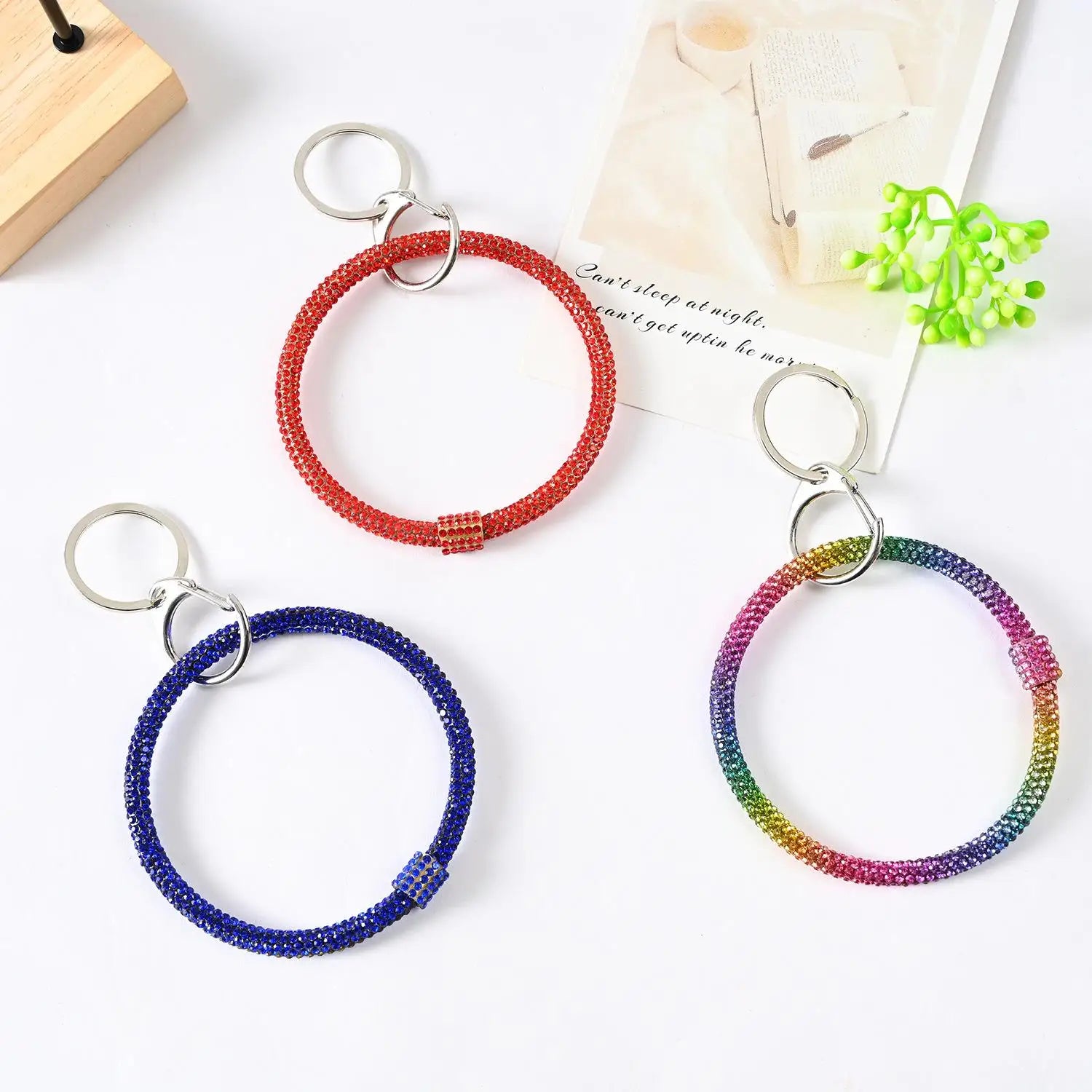Colorful Rhinestone Bracelet Key Ring Unisex Charm Bangle Keychain Wristlet Hoop Dangle Keyring Fashion Accessories
