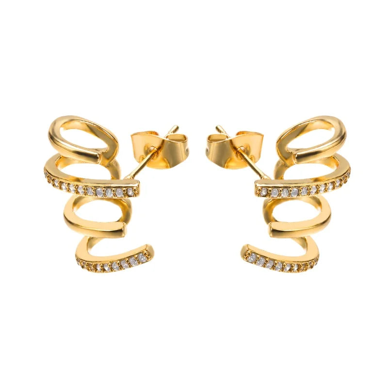 Unique Simple Women Non Tarnish Zirconia Earrings Female Stainless Steel Gold Spiral Earrings Fashion Jewelry Stud Earrings