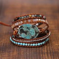 Handmade 5 Wraps Natural Stone Crystal Metal Beads Beaded Wrap Bracelet Leather Bohemian Bracelets Jewelry