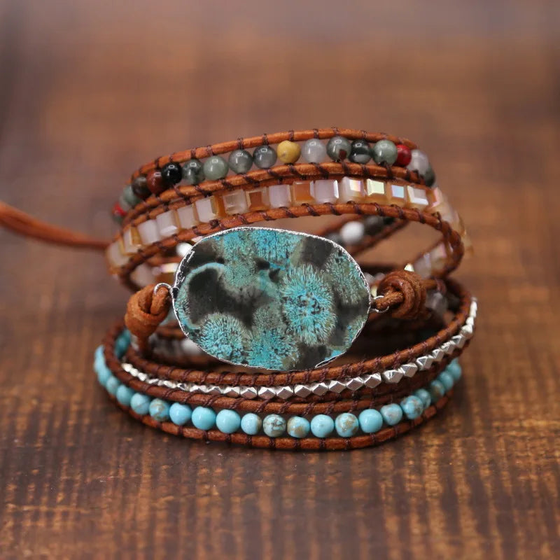 Handmade 5 Wraps Natural Stone Crystal Metal Beads Beaded Wrap Bracelet Leather Bohemian Bracelets Jewelry
