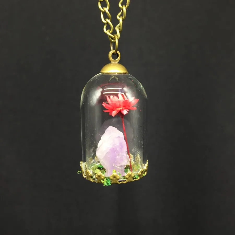Red Dry Flower Necklace Glass Bottle Glow Necklace Dainty Amethyst Natural Stone Handmade Luminous Necklace for Girls Women