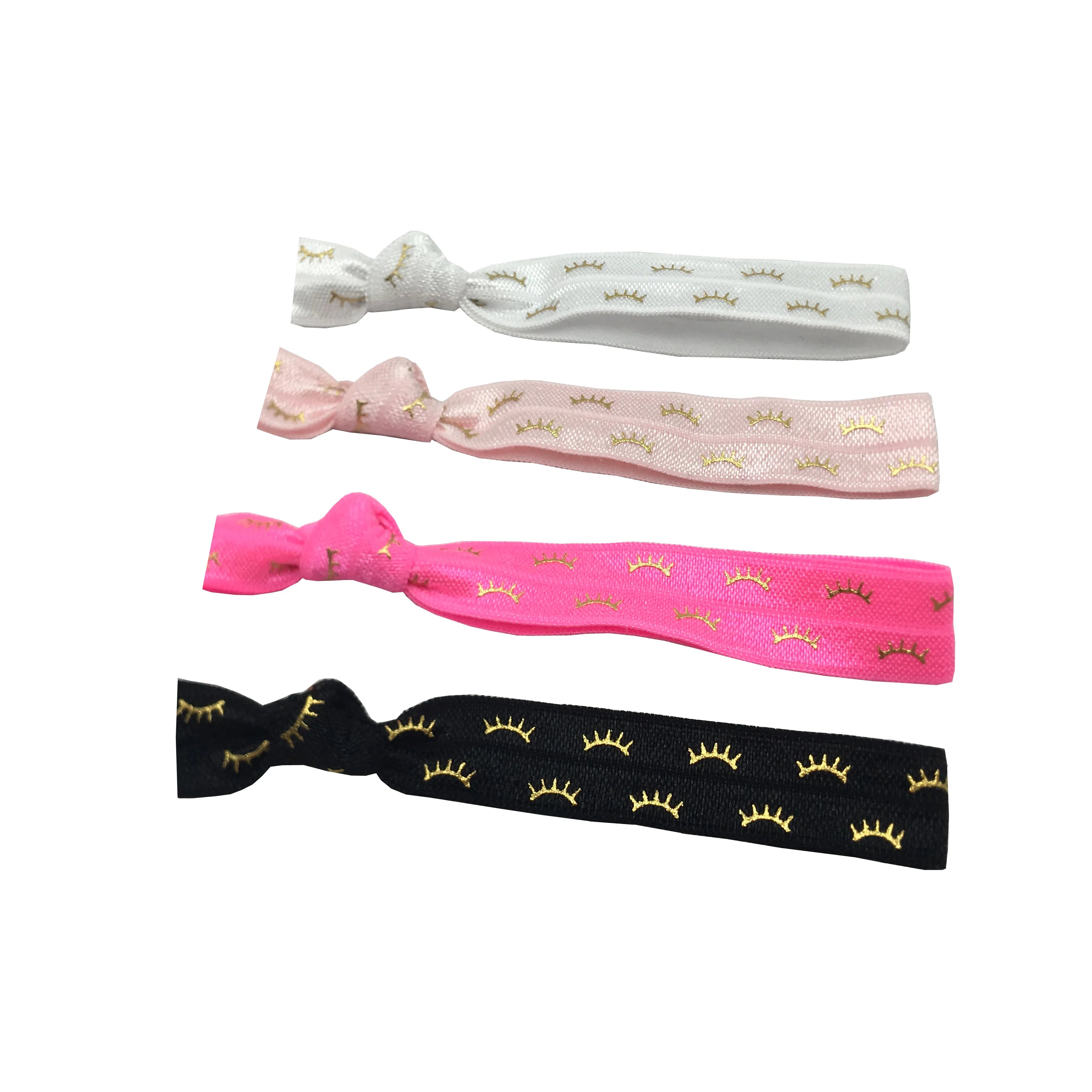 200pcs Assorted Colors Gold Eyelash Print Knotted Hair Tie Elastic Hairband Bracelet Wristband Wholesale Girls Ponytail Holder