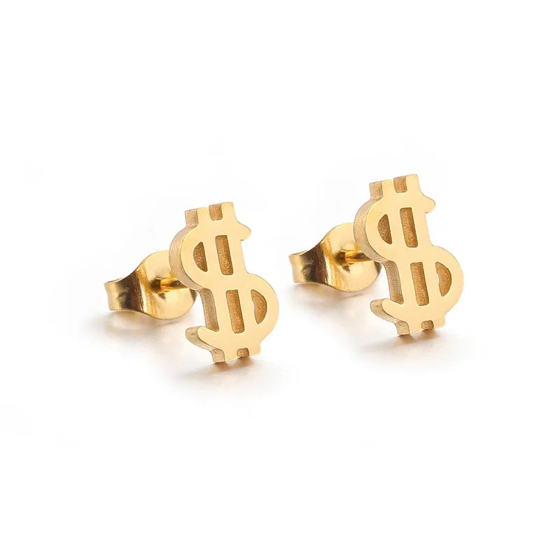 Fashion 18k Gold Dollar Sign Earrings Wholesale Waterproof Stainless Steel Money Symbol Dollar Sign Stud Earrings for Men Women