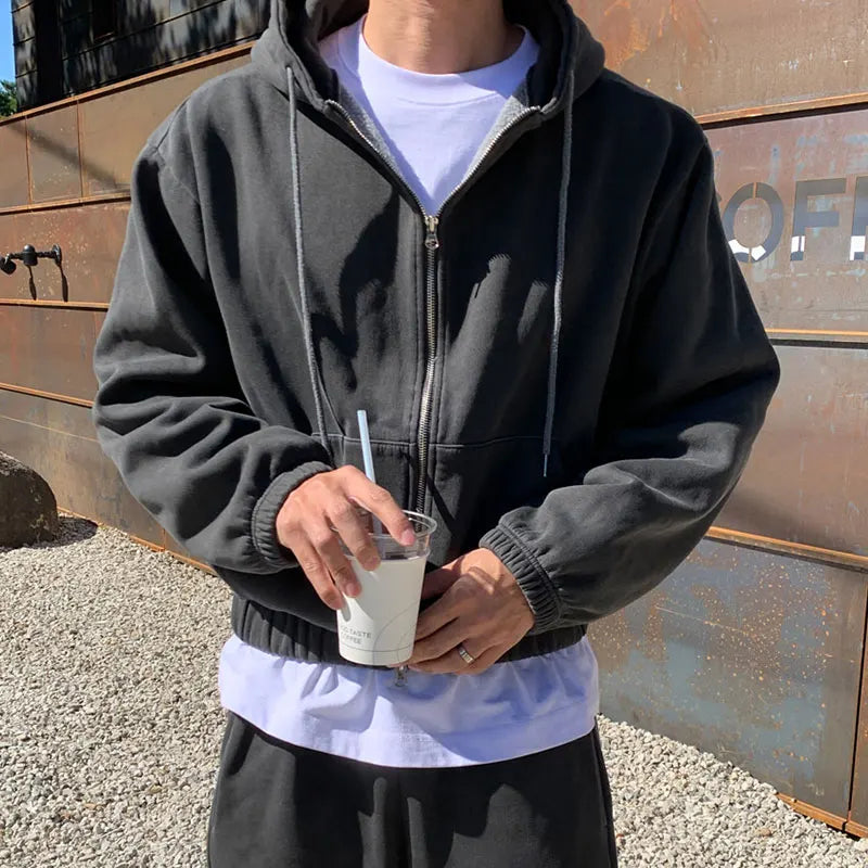 Custom Logo 100% Cotton 500gsm Heavyweight Cropped Zip up Hoodie Men Blank Cool Pullover Men's Acid Washed Distressed Hoodie