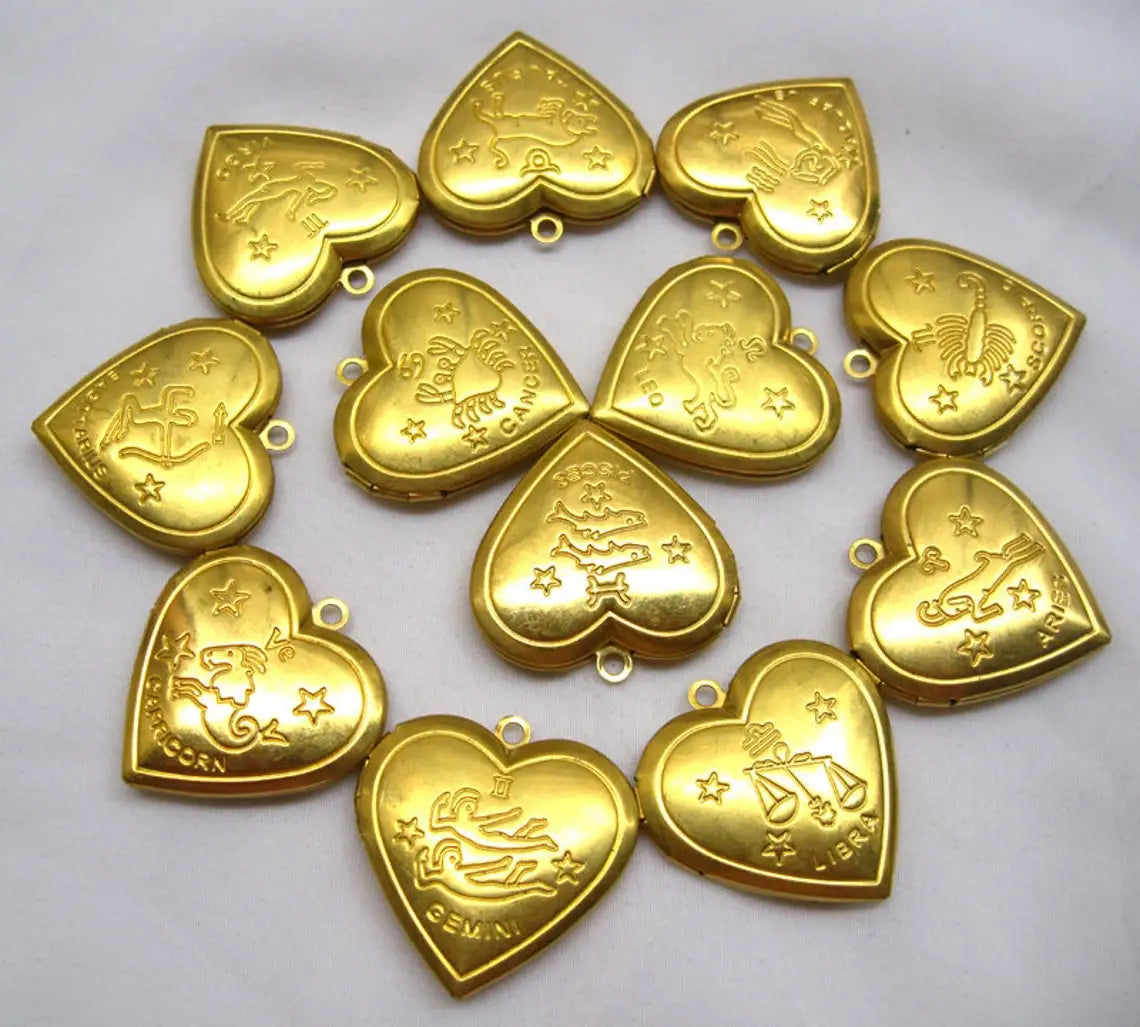 12 Zodiac Signs Heart Locket Pendant for Necklace 29mm Brass Photo Locket