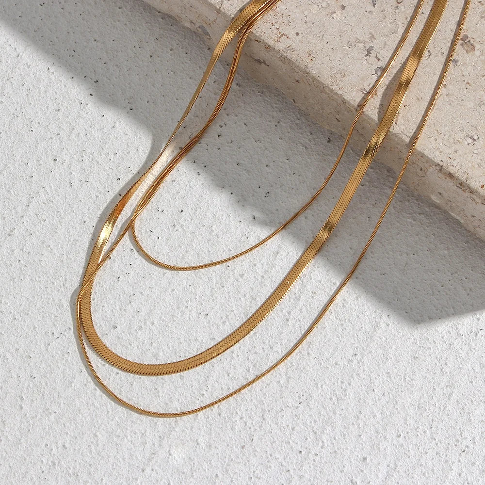 Drop Ship 18K Gold Plated Three Layers Snake Chain Necklace Tarnish Free 316L Stainless Steel Choker Necklace