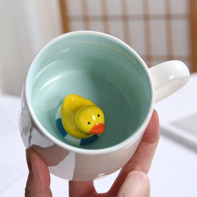 Hot Sale Creative 3D Ceramic Porcelain Funny Cartoon Coffee Mugs With Duck Unicorn Animals Inside Microwaveable