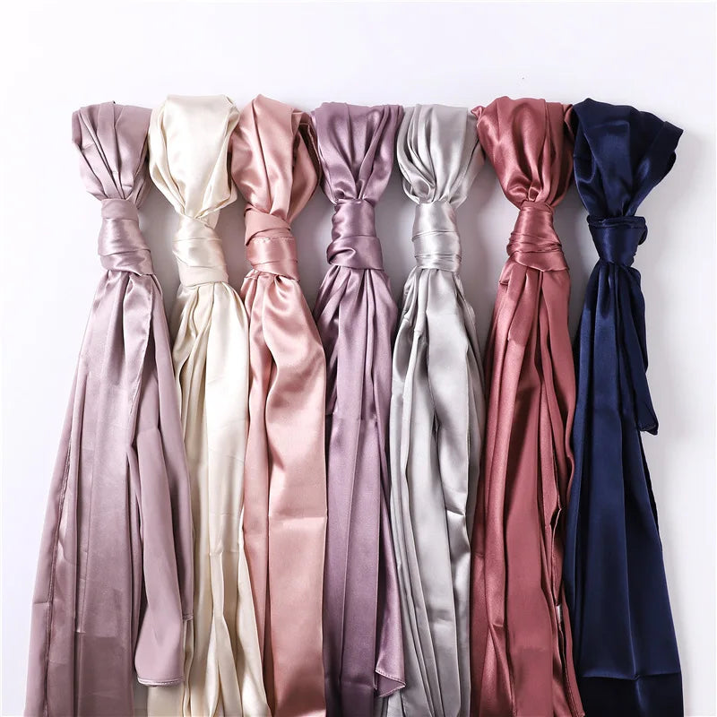 2024 New Cross Border E-commerce Scarf Imitation Silk Fabric Silk Interlining Solid Color Shawl Smooth Muslim Women's Headband