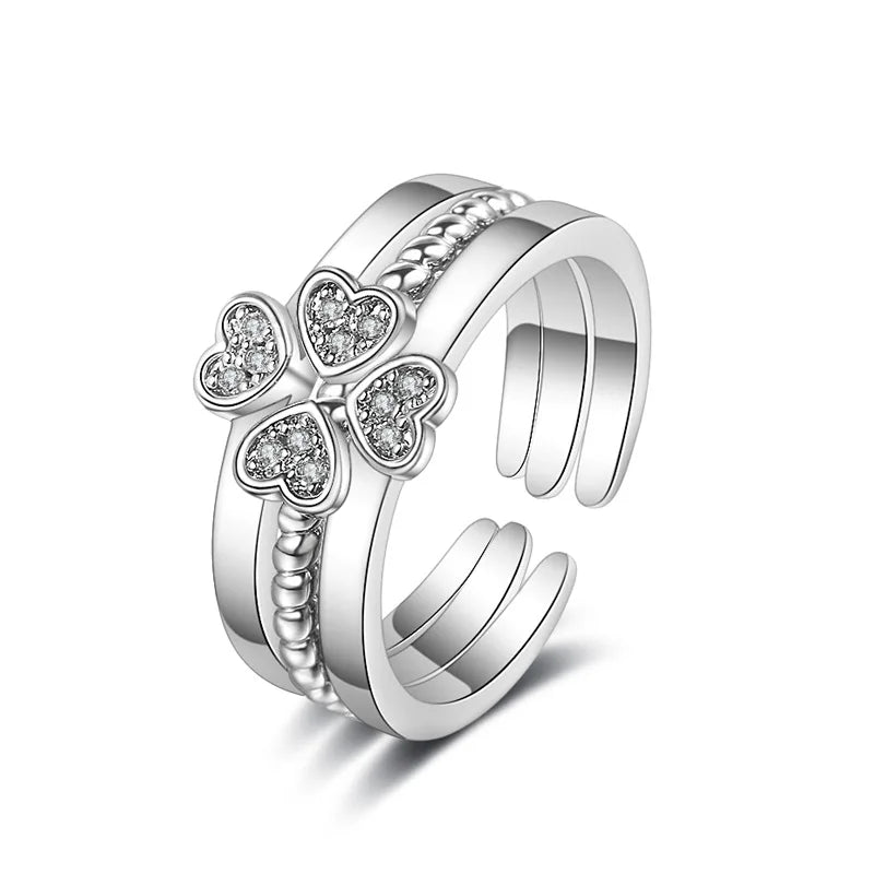 3 in 1 Four Leaf Clover Ring Puzzle Love Heart Wedding Ring Set Wholesale Rhinestone Bridal Ring For Women BFF FingerRing