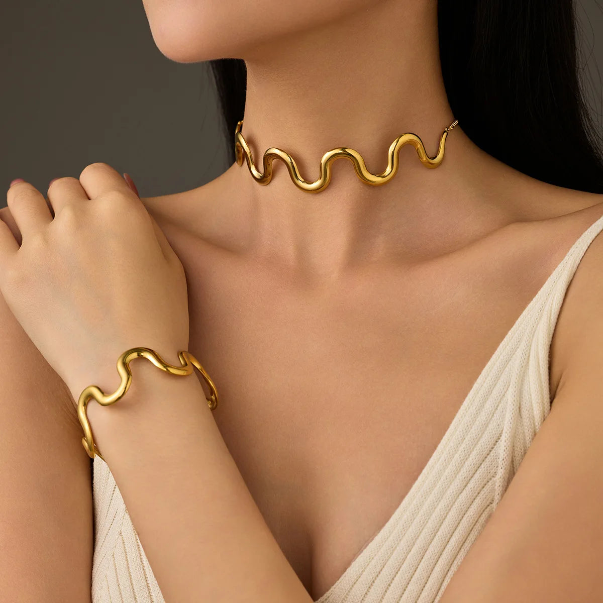 Fashionable Women's Designer Jewelry Set Wave Shape Stainless Steel Necklace & Bracelet 18K Gold-Plated for Gift