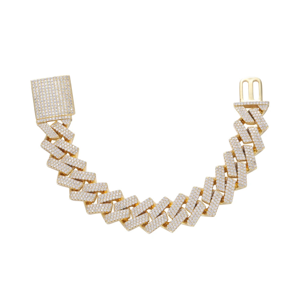 AceWings Cuban Chain 18mm 7" 8" Gold Plated Geometric Brass Setting CZ Iced Out Cubic Zircon Men's Bracelet