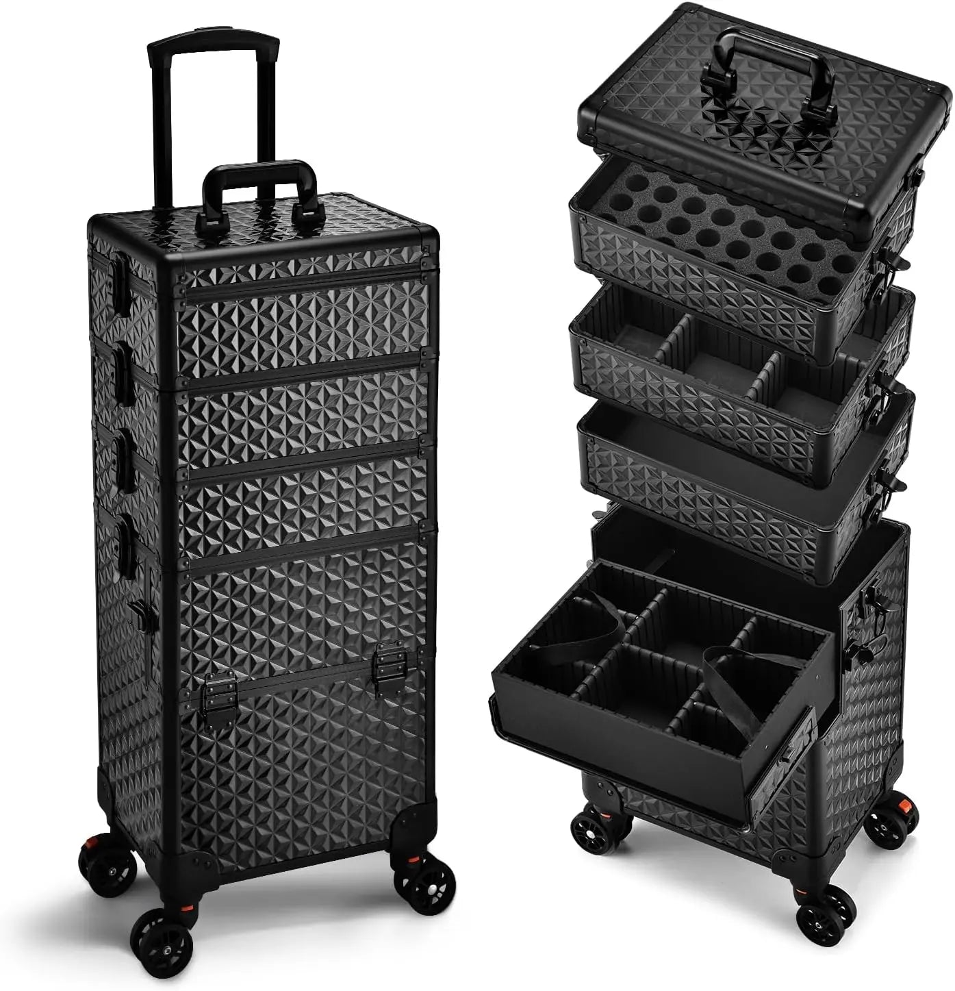 5 in 1 Professional Makeup Train Case on Wheels Extra Large Cosmetic Case Aluminum Rolling Makeup Case