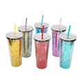 Tumblers Wholesale Bulk 24Oz Plastic Colorful Custom Skinny Tumbler with Lid and Straw Double Wall Coffee Cup with Sequins