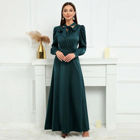2023 Wholesale New Model Modest Eco-Friendly Floor-Length Printed Dark Green Polyester Fiber Abaya Women Muslim Dress Islamic