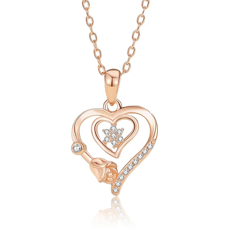 SPJ Wholesale Price Valentine's Day Double Heart Rose Flower Cubic Zircon Pendant Rose Gold Plated S925 Necklace for Women