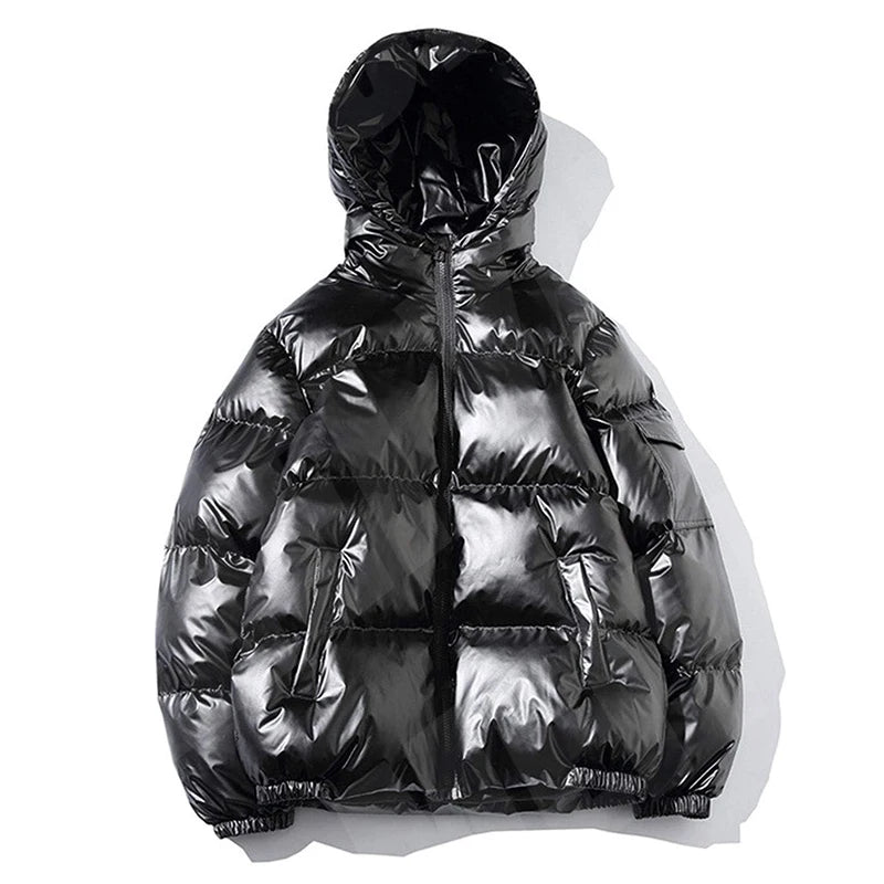 Custom Metallic Hooded Puffer Jacket Winter Full Zip Down Polyester Quilted Padded Coat Bomber Streetwear Puffer Jacket Men