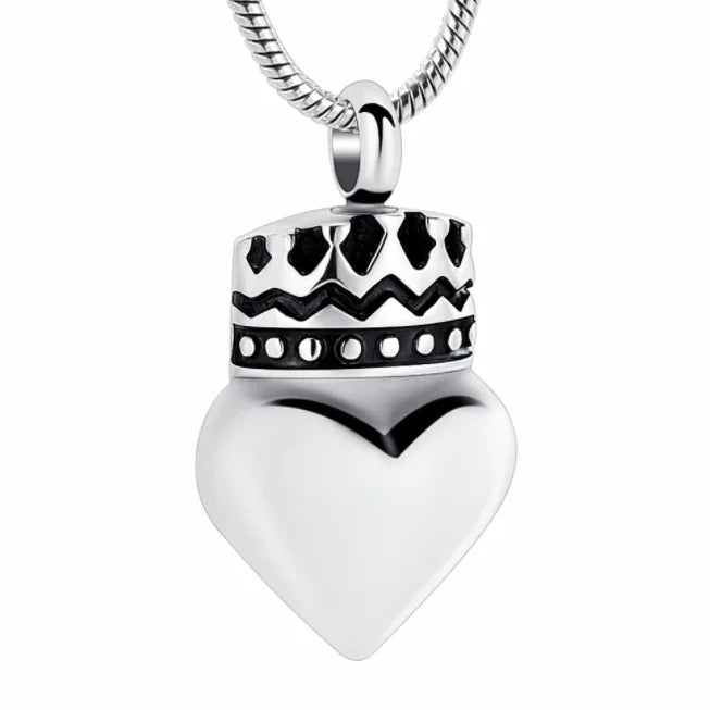 Stainless Steel Christian Crown Heart Ashes Urn Memorial Cremation Necklace Keepsake Pendant Silver Plated Jewelry Holder Human