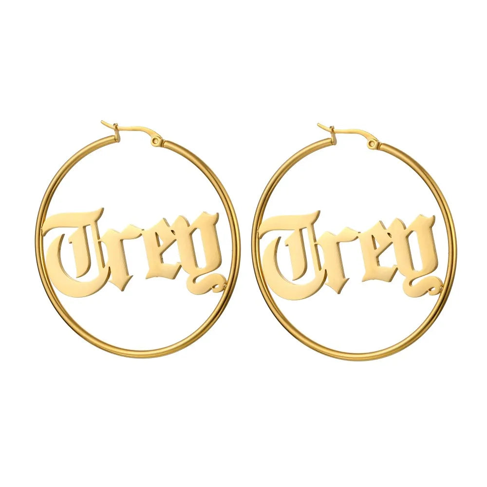 Custom Word Logo Name Earrings Stainless Steel Jewelry Personalized Round Hollow Old Enligh Font Big Circle Earrings MegaBDM