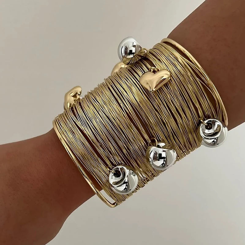 KAIMEI 2025 New Arrival  Retro Wire Winding Open Design Bracelet Fashionable Wide Face Trendy Cuff Bangles Bracelet for Women