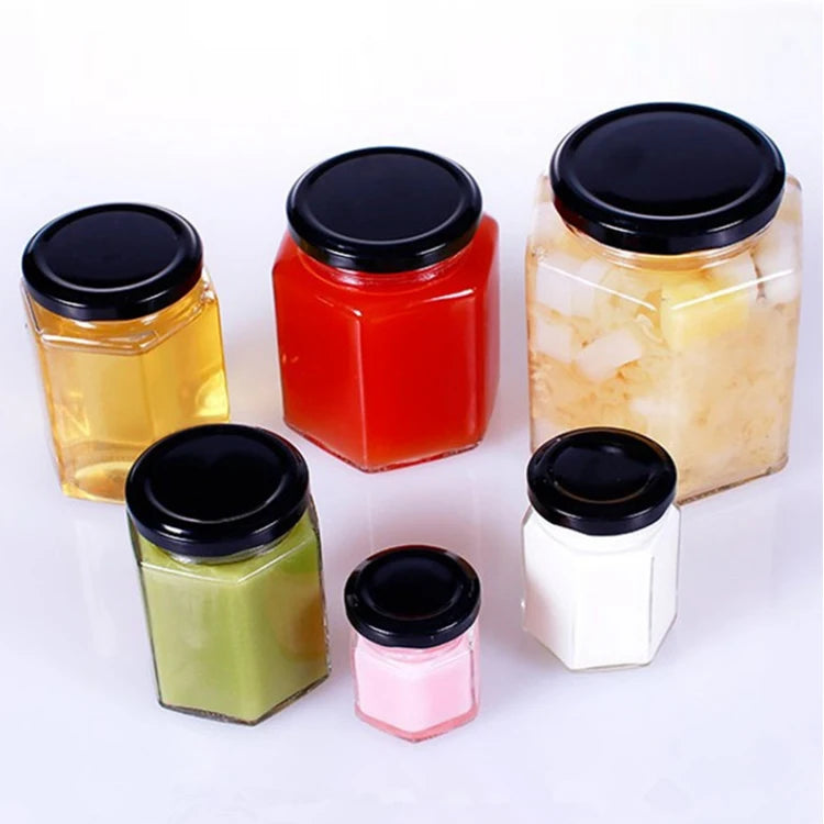 Empty 45ml 85ml 100ml 180ml 280ml 380ml 500ml 730ml Hexagon Glass Jar with Lid for Honey Jam Food Packing