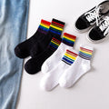 Autumn Winter Ladies Athletic Leisure Striped Cotton Socks Mid-Tube Damp Socks Breathable Knitted Fashionable Rainbow Design