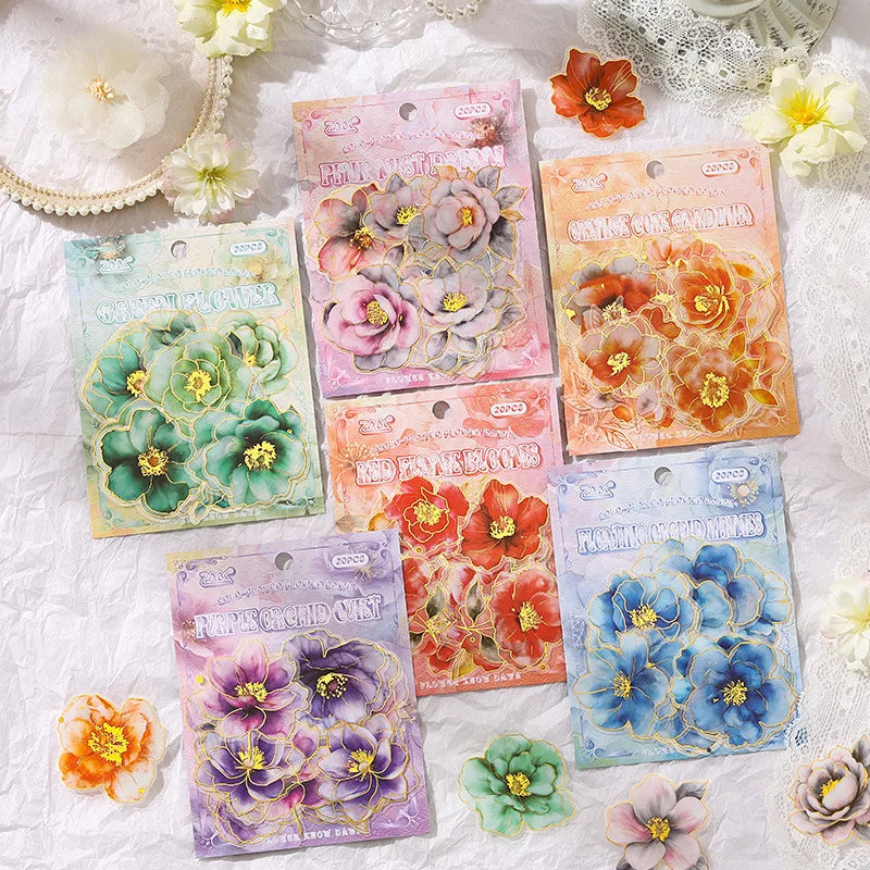 20 Sheets Per Pack Gilt Flower Dawn Stamping Sticker Pack Premium Feeling Vintage Floral Handbook Stickers