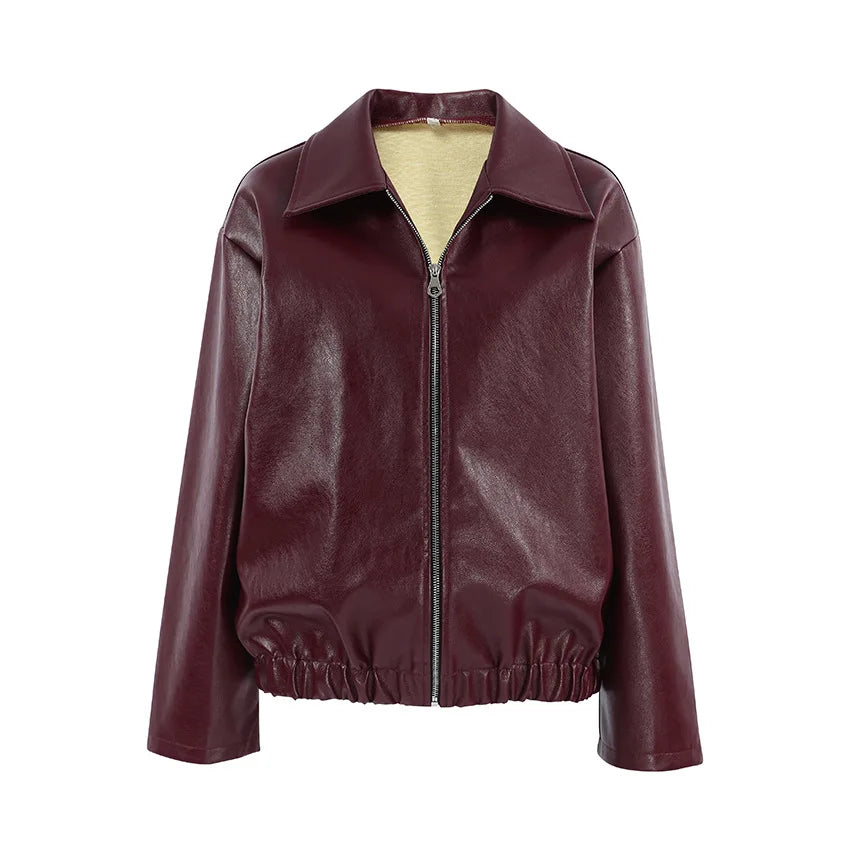 2024 Winter Womens New Designs Motorcycle Bomber Jacket Streetwear Burgundy PU Leather Jacket