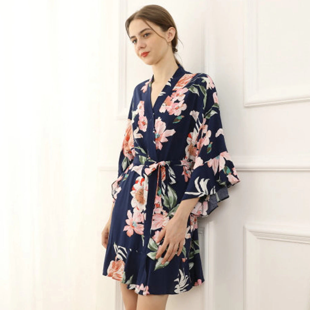 FUNG 6012 Ruffle Soft Printing Floral Women Rayon Robes for Bride and Bridesmaid